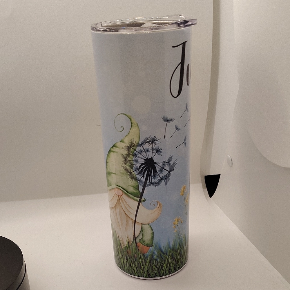 Whimsical Gnome Tumbler with Dandelion Design